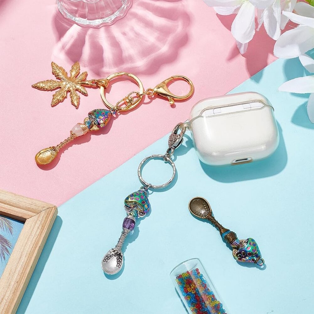3 Pcs 3 Colors Natural Genstone Pendants, 2.6 Inch Long Mushroom Spoon Alloy Cha - Picture 5 of 6